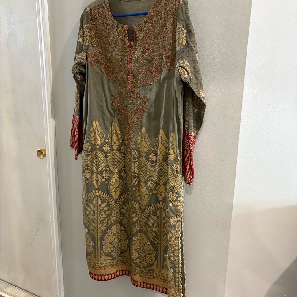Elegant Olive and Gold Embroidered Dress
